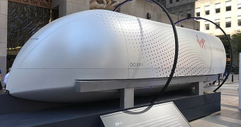 Virgin hyperloop pod on display in city street
